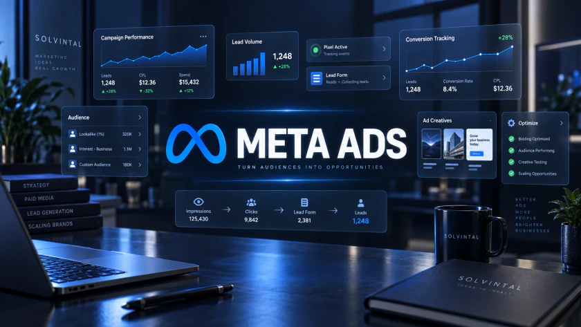 Meta Ads surrounded by campaign performance, lead tracking, audience and creative data