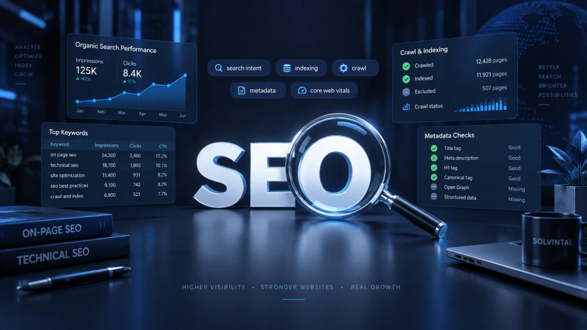 SEO and a magnifying glass surrounded by search performance, keyword and technical audit data